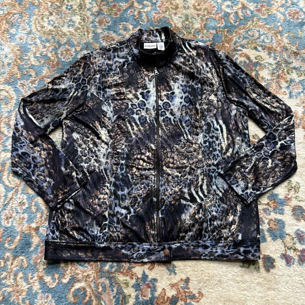 Chico’s Animal Print Evening Jacket Women's L Black Metallic Zip Up Lightweight